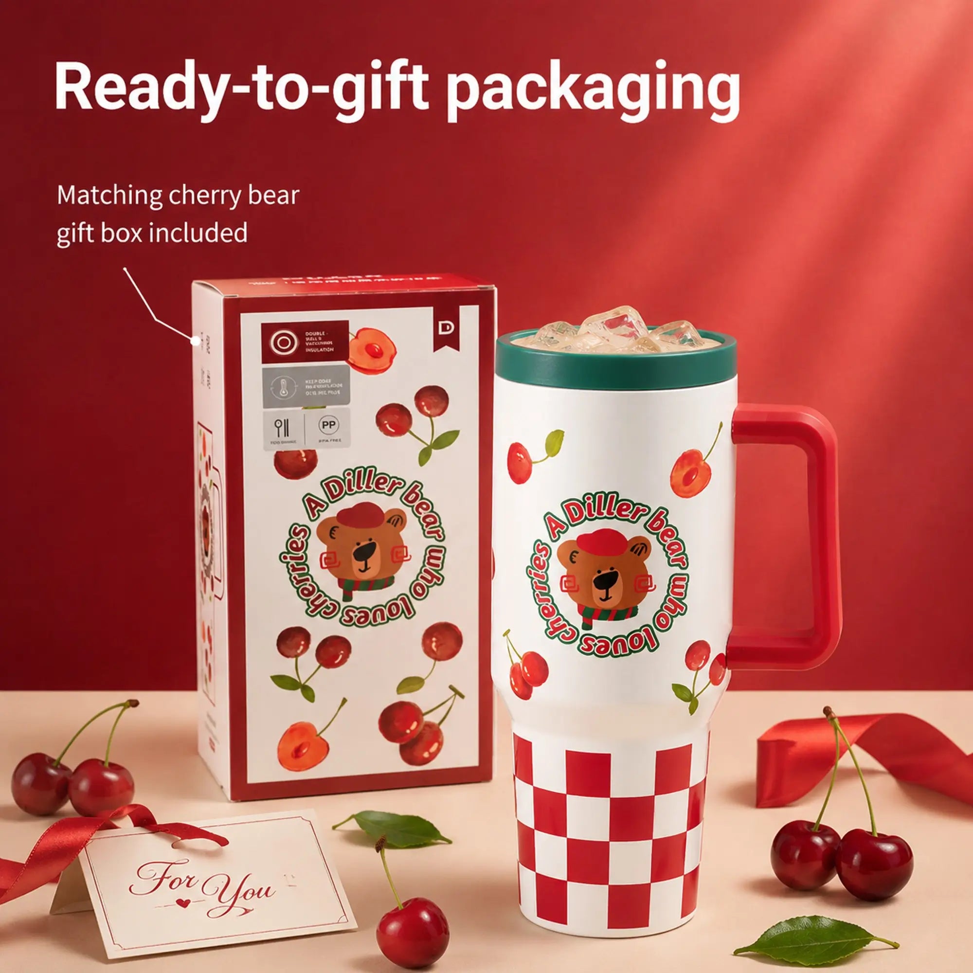 40oz Cherry Bear Insulated Stainless Steel Tumbler
